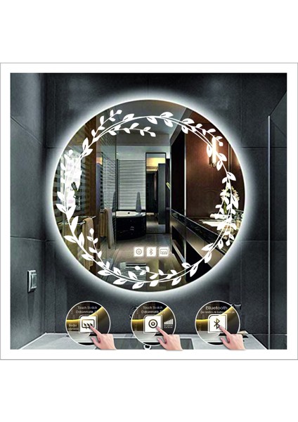 Dnr-Mirror 80 cm Beyaz Ledli Tasarım Kumlamalı Dokunmatik Bluetoothlu Buğu Önleyicili Banyo Aynası Makyaj Ayna