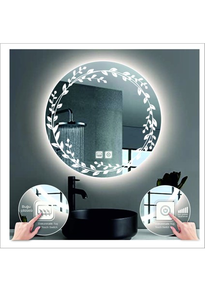 55 Cm Günışığı Ledli Tasarım Kumlamalı Dokunmatik Tuşlu Buğu Önleyicili Banyo Aynası Makyaj Aynası