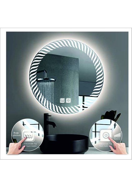 60 Cm Günışığı Ledli Tasarım Kumlamalı Dokunmatik Tuşlu Buğu Önleyicili Banyo Aynası Makyaj Aynası indirimleri