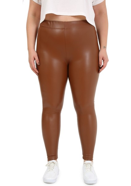 Büyük Beden Beli Lastikli Bilek Hizasında Kahverengi Deri Tayt