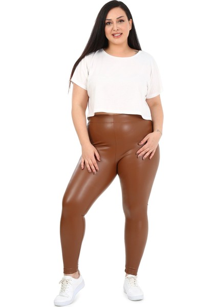 Büyük Beden Beli Lastikli Bilek Hizasında Kahverengi Deri Tayt fiyatları