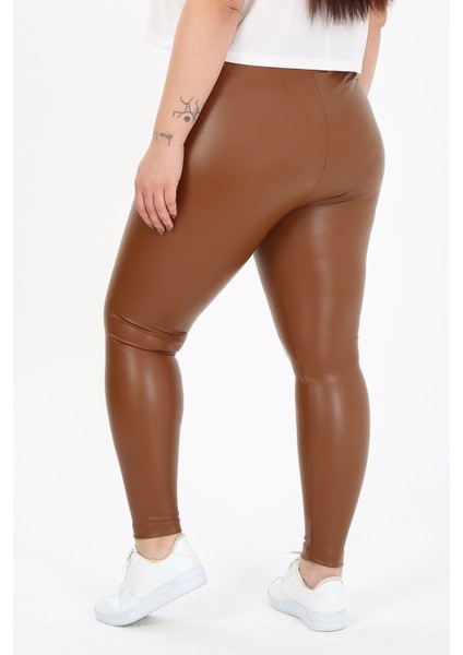 Büyük Beden Beli Lastikli Bilek Hizasında Kahverengi Deri Tayt modelleri