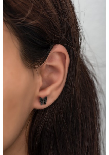 925 Ayar Gümüş Minik Siyah Taşlı Kelebek Küpe modelleri