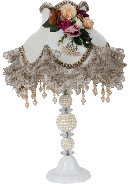 Kadife Kaplı Çiçek Dekorlu Abajur Ekru Vizon