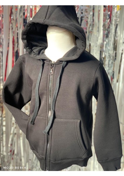Unisex 5-14 Yaş Kapüşonlu Şardonlu Hırka Siyah