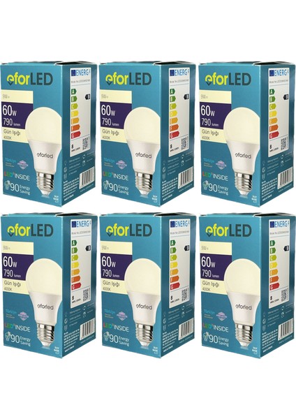 Led Lamba 9W-60W 806 Lümen Günışığı 4000K Işık E-27 Duy (6'lı Ekopaket)