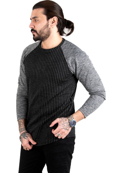 Siyah Bisiklet Yaka Kolları Renkli Çizgili Erkek Sweatshirt 1801850 fiyatları