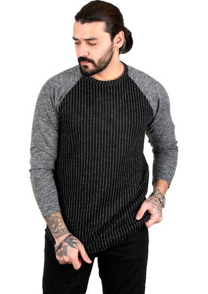 Siyah Bisiklet Yaka Kolları Renkli Çizgili Erkek Sweatshirt 1801850 modelleri