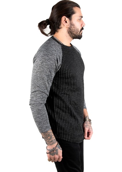 Siyah Bisiklet Yaka Kolları Renkli Çizgili Erkek Sweatshirt 1801850 fırsatları