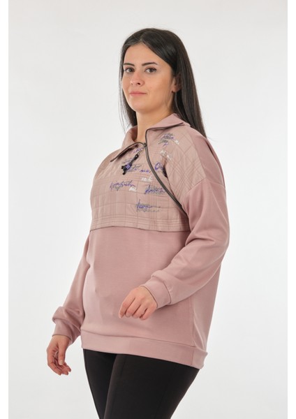 Dik Yaka Fermuarlı Uzun Kollu Pudra Kadın Sweatshirt 22233308