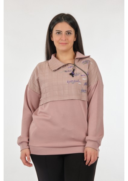 Dik Yaka Fermuarlı Uzun Kollu Pudra Kadın Sweatshirt 22233308