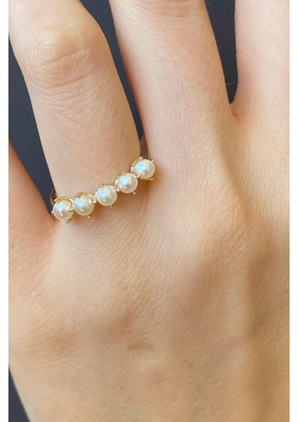 14 Ayar Medium Inci Altın Beş Incili Bayan Yüzük