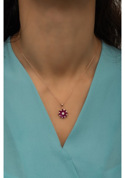 925 Ayar Gümüş Kırmızı Taşlı Lotus Çiçeği Kolye modelleri