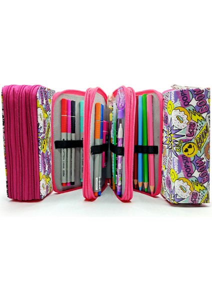Kalem Kutusu Wow Oops Boom Smile Desenli Kawai Organizer Kalemkutu Üç Bölmeli Kalemlik