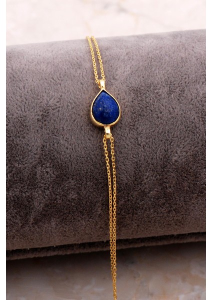 Doğal Lapis Lazuli Taşlı Damla Mini Altın Yaldızlı Gümüş Bileklik 4124