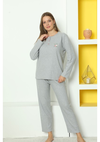 Gri Bayan Fitilli Dışı Tüylü Pijama Takımı 034UK
