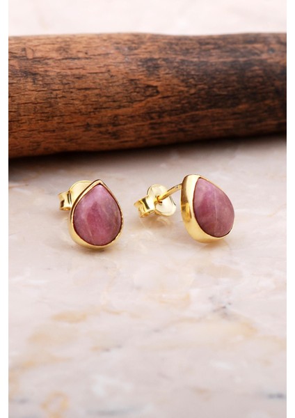 Doğal Rodonit Taşlı Damla Mini Altın Yaldızlı Gmüüş Küpe 5840