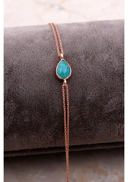 Doğal Amazonit Taşlı Damla Mini Rose Gümüş Bileklik 4116