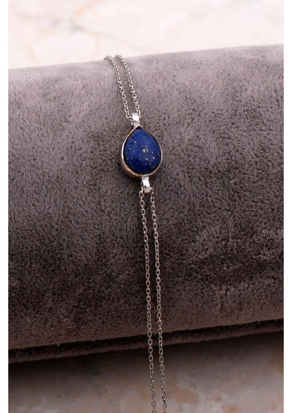Doğal Lapis Lazuli Taşlı Damla Mini Rodyumlu Gümüş Bileklik 4123
