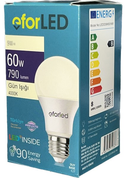LED Lamba 9W-60W 806 Lümen Günışığı 4000K Işık E-27 Duy (12'li Ekopaket) fiyatları