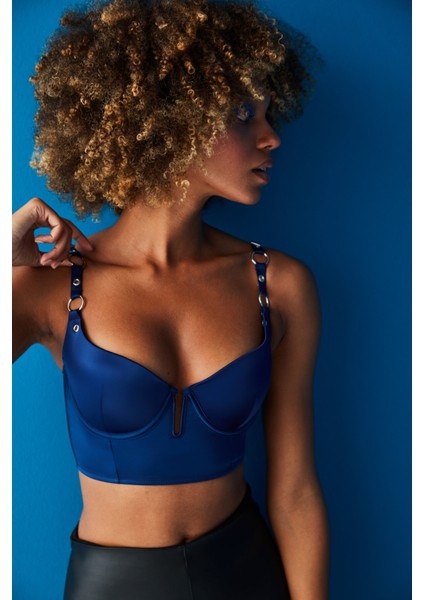 Kadın Saten Büstiyer Lacivert Renkli Kuşgözü Detaylı Dikişsiz Rahatlık modelleri