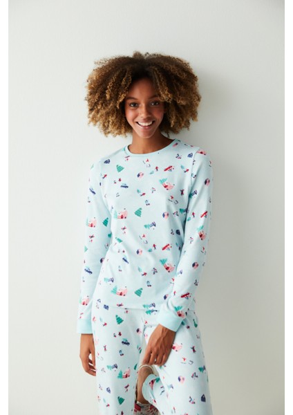 Açık Mavi Kış Konseptli Termal Pijama Takımı modelleri