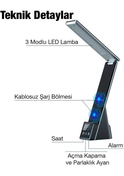Polham 7in1 15W Kablosuz Şarjlı Katlanabilir Masa Lambası, 3 Modlu Işık, Saatli,alarmlı Masa Lambası