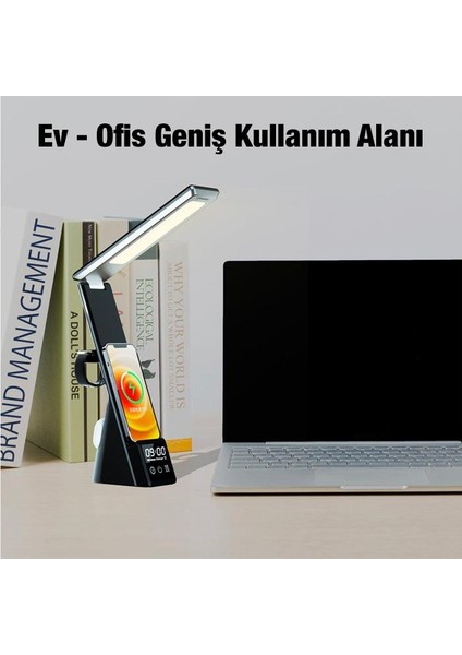 Polham 7in1 15W Kablosuz Şarjlı Katlanabilir Masa Lambası, 3 Modlu Işık, Saatli,alarmlı Masa Lambası
