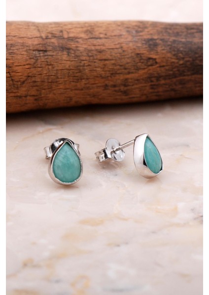Doğal Amazonit Taşlı Damla Mini Rodyumlu Gümüş Küpe 5838