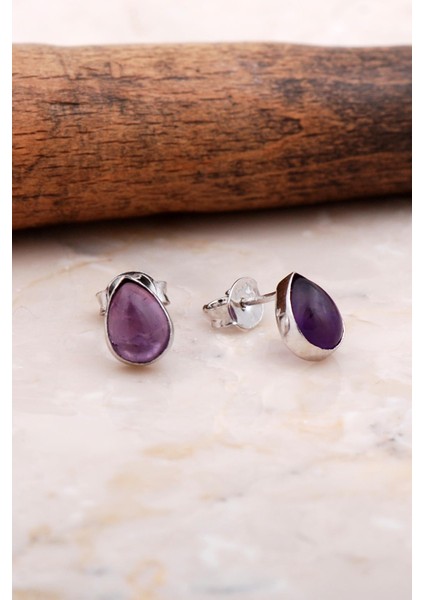 Doğal Ametist Taşlı Damla Mini Rodyumlu Gümüş Küpe 5832