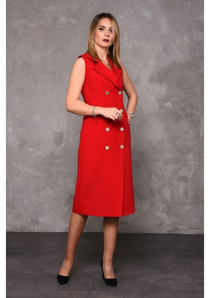 Erkek Yaka Kuruvaze Kolsuz Elbise-Kırmızı