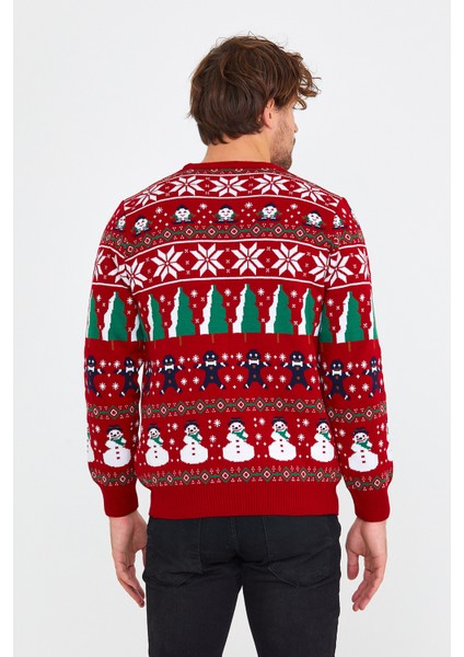 Erkek Kırmızı-Yeşil Uzun Kol Christmas Kazak Bisiklet Yaka Etnik Desenli modelleri