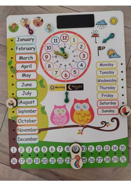 Ingilizce Takvim Montessori Ahşap Renkli Saatli Günler Aylar Mevsimler Hava Durumu Öğrenme