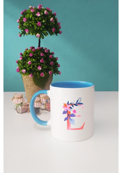 Özel Tasarım E Harfli Kupa Bardak Mavi