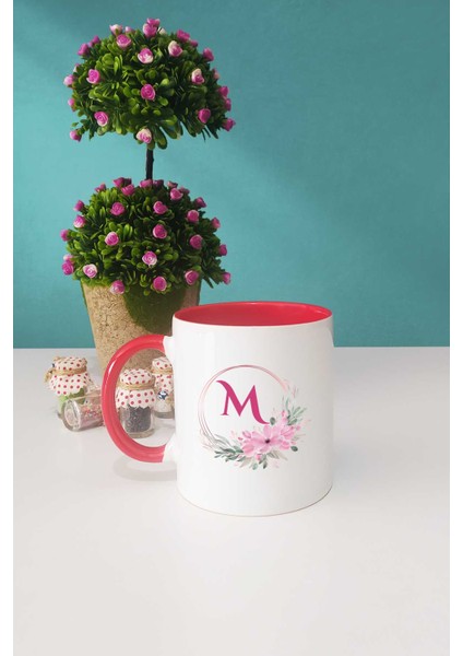 Çiçekli M Harfli Kupa Bardak Kırmızı