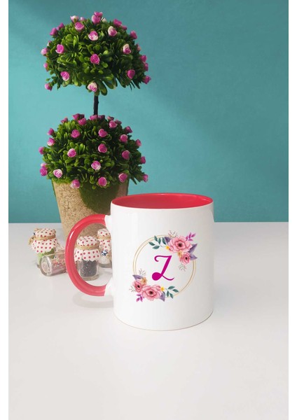 Çiçekli Z Harfli Kupa Bardak Kırmızı