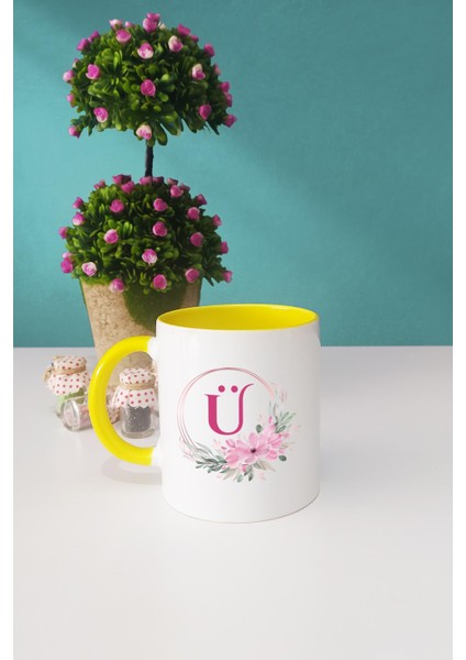 Çiçekli Ü Harfli Kupa Bardak Sarı