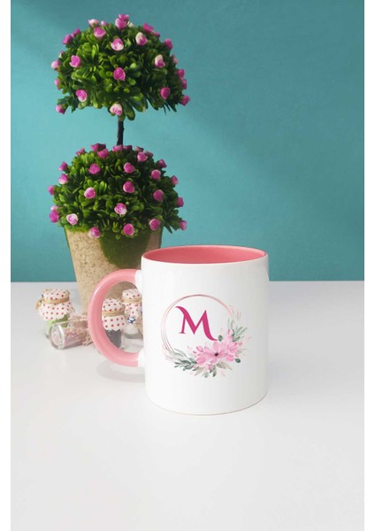 Çiçekli M Harfli Kupa Bardak Pembe