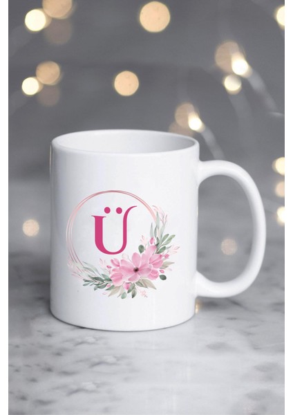 Çiçekli Ü Harfli Kupa Bardak Beyaz fiyatları