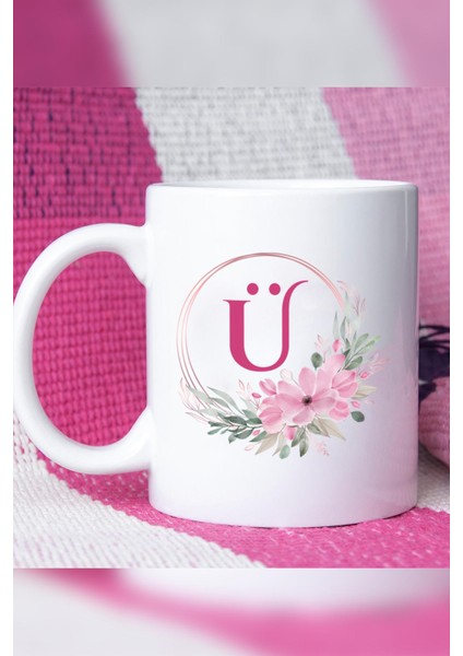 Çiçekli Ü Harfli Kupa Bardak Beyaz modelleri