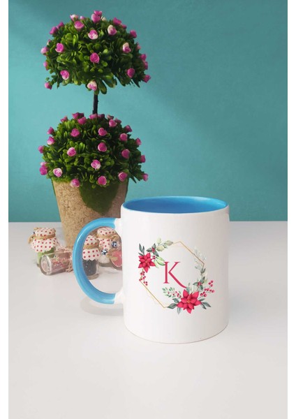 Çiçekli K Harfli Kupa Bardak Mavi