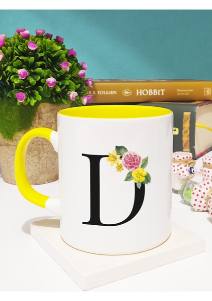 Çiçekli Harf Tasarımlı D Kupa Bardak Sarı