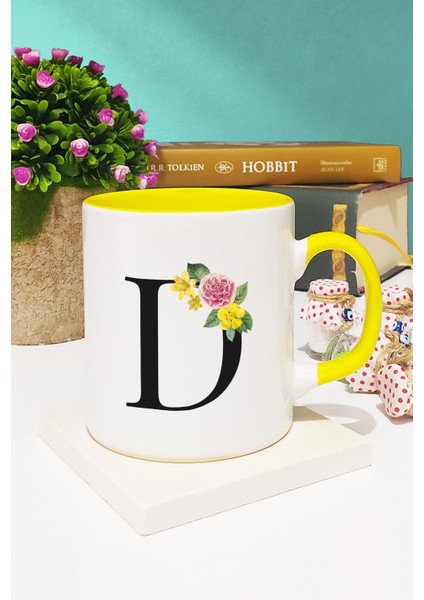 Çiçekli Harf Tasarımlı D Kupa Bardak Sarı fiyatları