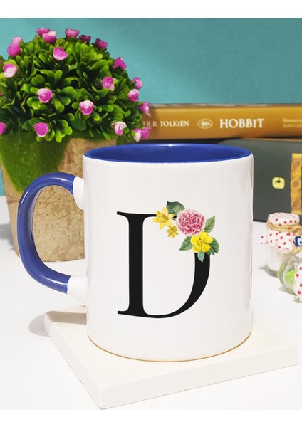 Çiçekli Harf Tasarımlı D Kupa Bardak Lacivert