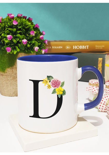 Çiçekli Harf Tasarımlı D Kupa Bardak Lacivert fiyatları