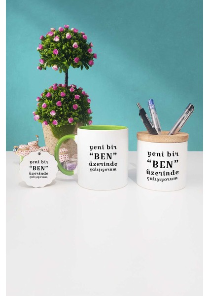 Mottolu Yeni Bir Ben Yeşil Kupa Bardak Kalemlik Anahtarlık