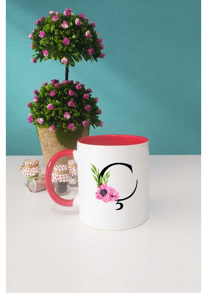 Çiçekli Ç Harfli Kupa Bardak Kırmızı