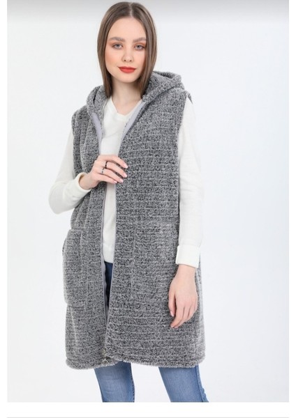 Kapşonlu Fermuarlı Peluş Yelek