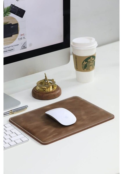 Dikiş Detaylı Antik Kahverengi Hakiki Deri Mouse Pad 26 x 20 cm