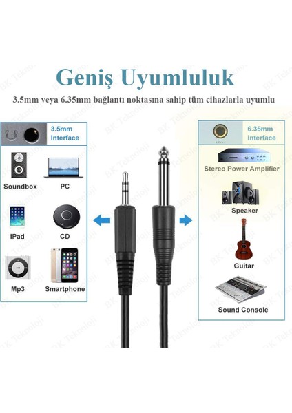 BK Teknoloji 3.5 mm Trs Stereo Erkek - 1/4 (6.35 Mm) Ts Mono Erkek Ses Kablosu 1.5m